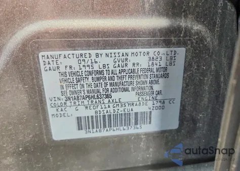 2017 Nissan Sentra S z USA, uszkodzony, nr VIN 3N1AB7AP6HL637365